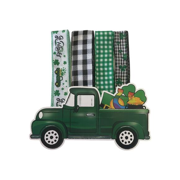 Shamrock Truck Saint Patrick’s Day Sign Ribbon Bundle Set, DIY Wreath Making Kit - Picture 1 of 4